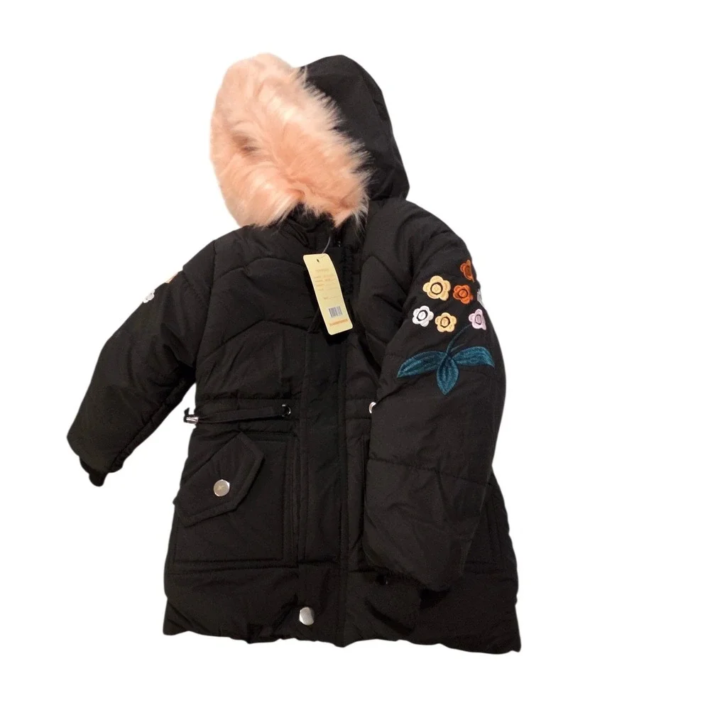 New Girls Black Quilted Puffer Jacket Pink Faux Fur Hood Floral‎ Embroidery 3-4Y